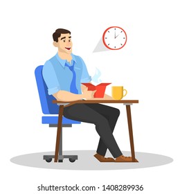 Man in the suit having lunch at work. Male person eat food. Handsome guy sitting at the table. Isolated vector illustration in cartoon style