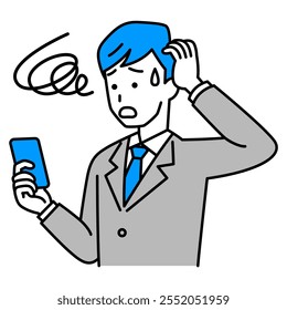 Man in a suit having trouble operating a smartphone