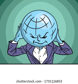 Man in suit head globe concept. The man at the table holds his head in his hands. Problems, world crisis, ecology, epidemic.