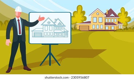 A man in a suit and helmet, a construction manager, stands near a blackboard with a blueprint for a house project. The concept of architecture, design and construction, sale and rental of real estate.