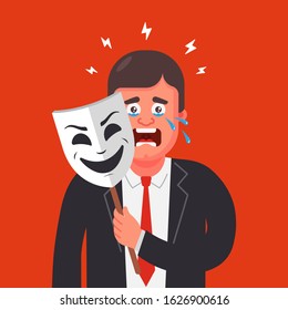 a man in a suit hides his emotions behind a mask. hide tears. Flat character vector illustration.