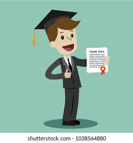 A man in a suit hold a degree certificate of college or business school or diploma of university.