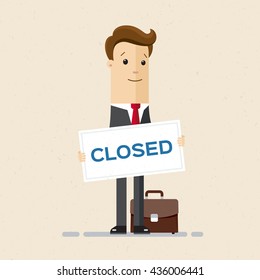 Man in suit hold a sign Closed in his hands. Vector, flat, illustration