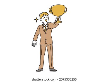 A man in a suit holding a big gold cup in one hand and celebrating the success of the project. A loose line drawing illustration.