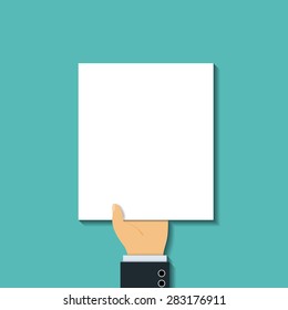 Man in a suit holding a blank sheet. Flat graphics. The tax return. Vector Image Stock.