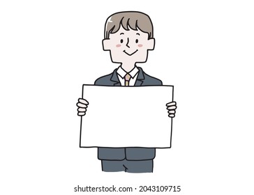 A man in a suit holding a board with nothing drawn

