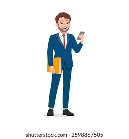A man in a suit holding a book and a phone in his hand with smile facial expression