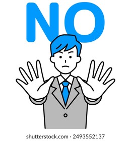 Man in a suit holding both hands and saying NO