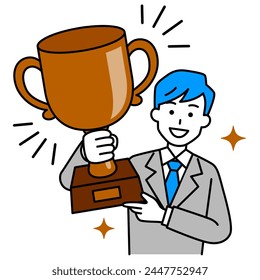 A man in a suit holding up a bronze trophy