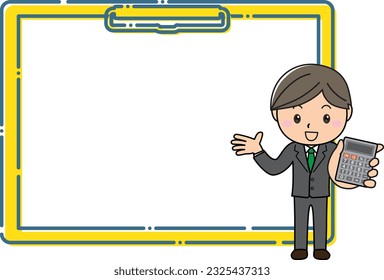 A man in a suit holding a calculator and explaining in front of a large clipboard frame