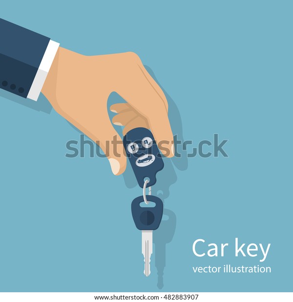 Man in a suit holding a car keys.\
Vector illustration flat design. Isolated on background. Maybe as a\
template for the sale, purchase, rental, give\
keys.