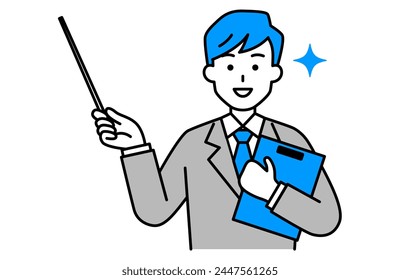 A man in a suit holding a clipboard and explaining