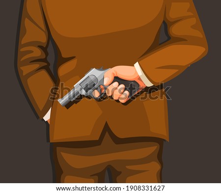 man in suit holding gun in back. killer criminal scene concept illustration in cartoon vector
