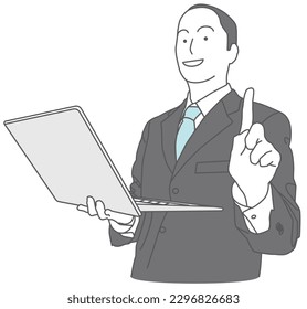 A man in a suit holding a laptop and explaining