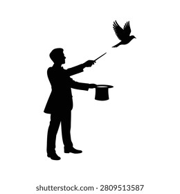 Man in suit holding magic wand and hat with flying bird