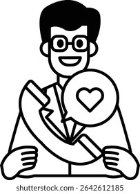 A man in a suit holding a phone with a broken screen and a heart symbol. He is smiling and he is happy