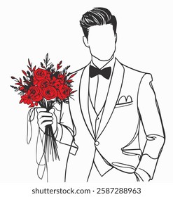 man in a suit holding red roses wearing coat and pants