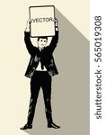 A man in a suit holding a sign above his head with text