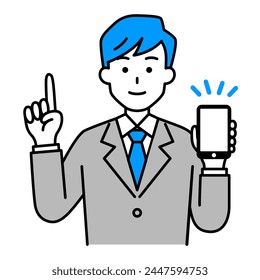 A man in a suit holding up a smartphone and giving an explanation