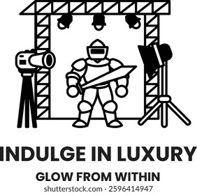A man in a suit holding a sword is standing in front of a backdrop. The image is titled "Indulge in Luxury" and is meant to convey a sense of glamour and sophistication