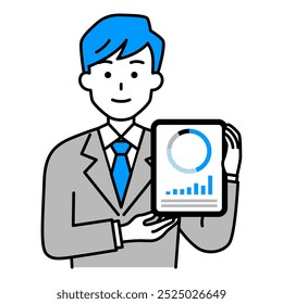 Man in a suit holding a tablet with a graph on the screen
