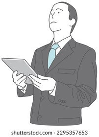 A man in a suit holding a tablet and thinking