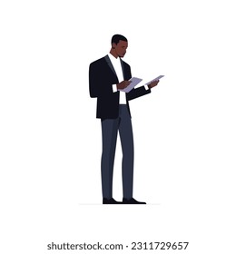 Hombre aislado con un vector de tableta de traje