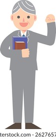 A man in a suit holding a textbook and raising his fist