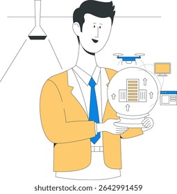 A man in suit holds a glowing sphere representing retail future vision, containing icons of data storage, drones, and digital interfaces, emphasizing innovation