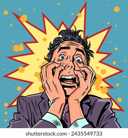 A man in a suit holds his face in a panic. Crazy offers for clients. A desperate situation requiring a quick solution. Comic cartoon pop art retro vector illustration hand drawing