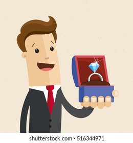 Man in suit holds a jewelry box with a wedding ring. Man making a marriage proposal. Wedding ring with a diamond.  Wedding concept. Jewelry store, discount concept. Vector, illustration, flat.