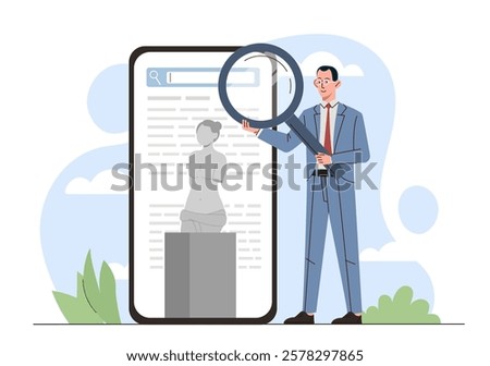 A man in a suit holds a magnifying glass, studying a statue on a screen in a digital setting. Stylized background with clouds and plants. Concept of art analysis. Vector illustration