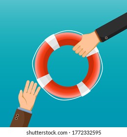 Man in a suit holds out a lifebuoy to another person. Vector illustration