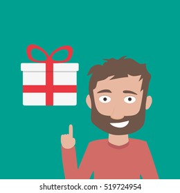 Man in suit holds a present Box. Discount, sales concept. Vector, illustration, flat.