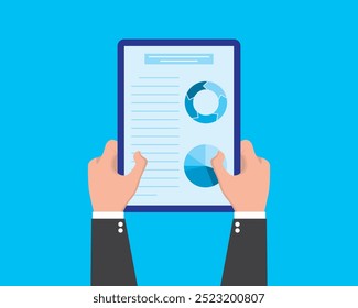 A man in a suit holds a report statistic vector. Businessman, business, data, report, statistics, person, professional, chart. Can use for infographic, banner, poster, web design. 