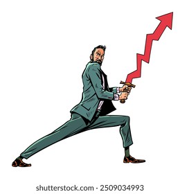 A man in a suit holds a sword with an upward arrow. Increased investment and company profits. A business professional. Pop Art Retro Vector Illustration Kitsch Vintage 50s 60s Style