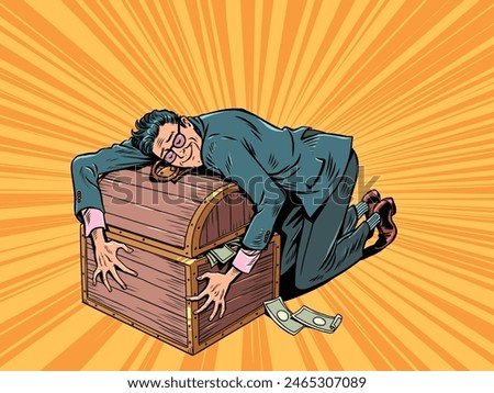 A man in a suit hugs a chest of banknotes. Safety of financial savings. Profitable savings in banks. Pop Art Retro Vector Illustration Kitsch Vintage 50s 60s Style