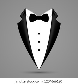 Man suit icon isolated background with bow. Fashion black business jacket design.