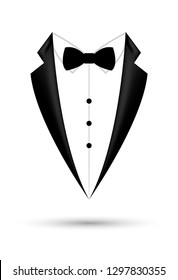 Man suit icon isolated background with bow. Fashion black business jacket design.
