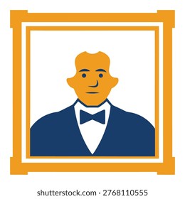 Man in suit illustration, classical framed portraiture, formal attire, orange and blue flat art, historical character.