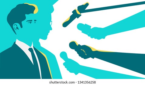 Man in a suit interview. Silhouette of human. Stylized retro style. Pop art people. Side view in profile. Simple realistic minimal design. Hands with microphone. Flat style vector illustration