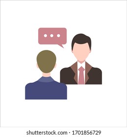 A man in a suit is interviewing. Vector illustration, flat design. Concept: consultation, hiring, supervisor, interview, communication of colleagues, recommendation of a specialist, training.