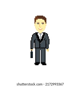 Man in suit isolated on white background. Pixel art design. 8 bit logo for game. Character vector illustration. eps 10