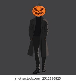 Man In Suit mit Jack O Lantern Kürbis Kopf. Gruseliges Halloween.
Halloween Kürbis Mann. Gruseliger Kürbis-Kopf-Charakter für Halloween.