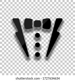 Man suit or jacket with bow. Black glass icon with soft shadow on transparent background