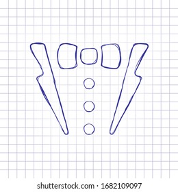 Man suit or jacket with bow. Hand drawn picture on paper sheet. Blue ink, outline sketch style. Doodle on checkered background