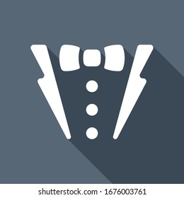 Man suit or jacket with bow. White flat icon with long shadow on blue background