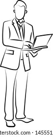 Man in a suit and laptop, illustration, vector on white background.
