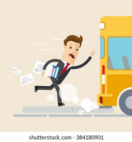 Man In Suit Is Late For Work Or A Meeting. Employee Is Running For A Outgoing Bus. Illustration, Vector EPS 10