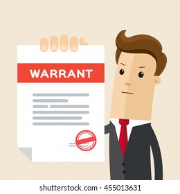 Man in suit, lawyer shows a document, warrant. Vector, flat, illustration